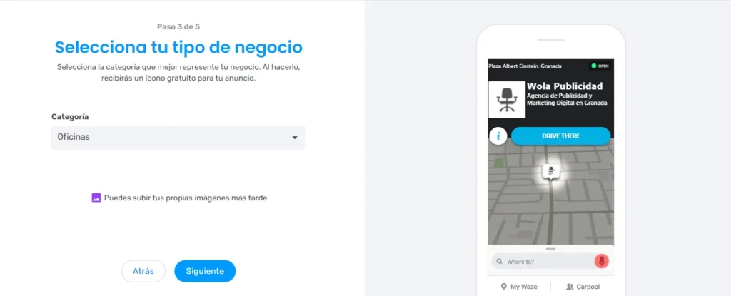 Selecciona tu tipo de negocio, Wola publicidad Campaña Waze Ads, selecciona tu tipo de negocio