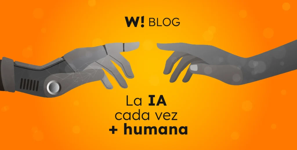 Introducción a la inteligencia artificial, dos manos casi tocándose con la frase “La IA cada vez más humana”