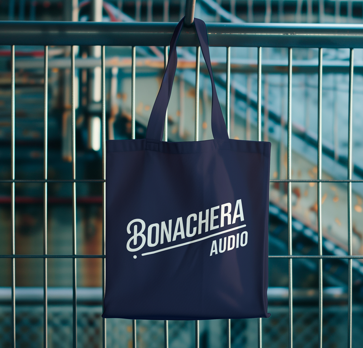 bolsa colgada de una valla con el nombre de la marca Bonachera Audio